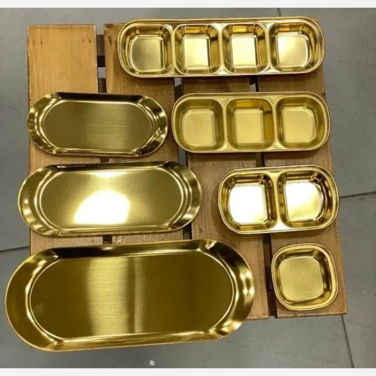 سینی استیل طلایی بیضی کوچک