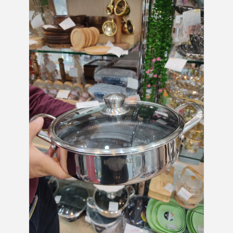 تابه استیل لیزری کورکماز دو دسته درب شیشه پیرکس سایز 26